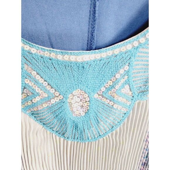 One World 2X Tank Top Blouse Boho Flowy‎ Blue Green Stretch Ribbed Lined Beaded - Picture 4 of 7
